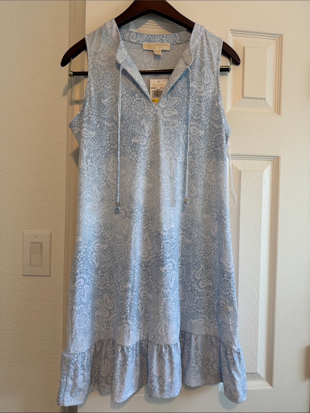 Michael Kors Light Blue Paisley Sleeveless Drawstring Ruffle Mini Dress